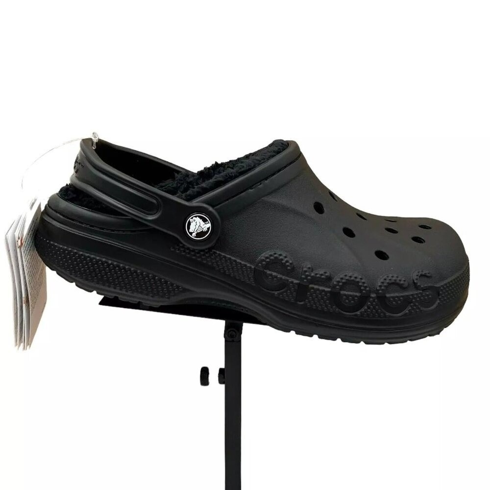 Crocs Youth Boys Classic Lined Clogs Size 5 Black Slip-on Faux Fur Fuzzy & Warm